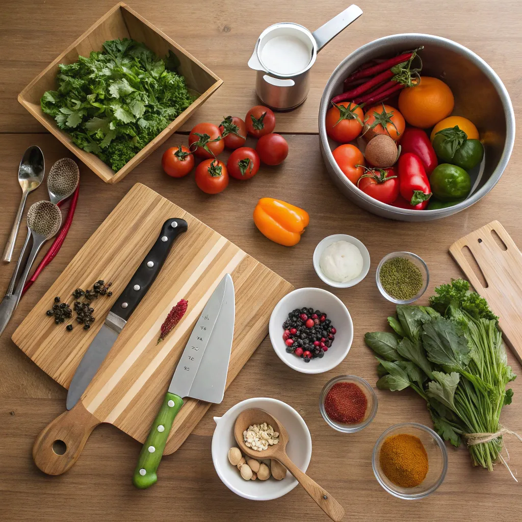 Cooking ingredients and kitchen tools